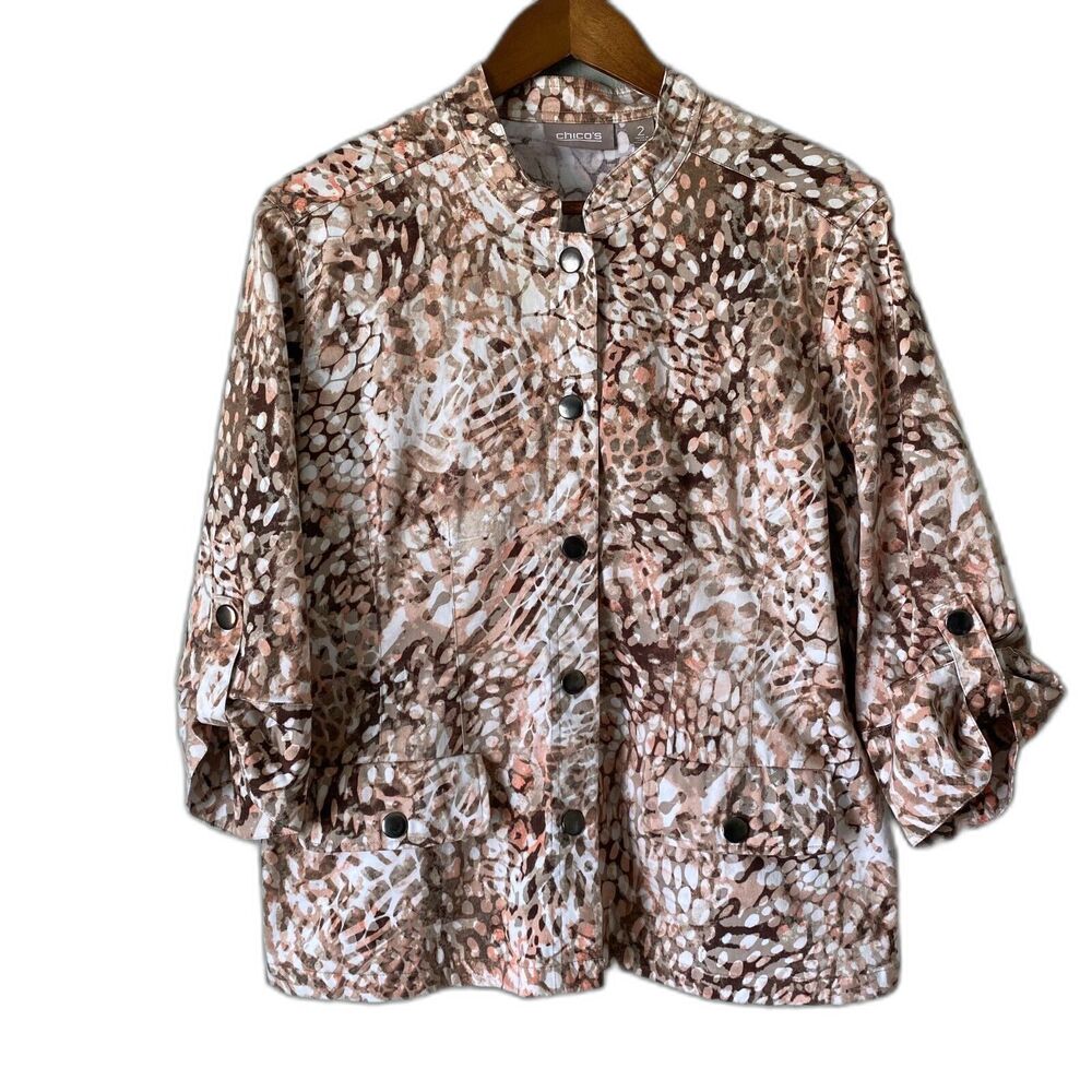 Chico's Women's Top Animal Print White Tan Pink 3/4 Roll Tab Sleeve Shirt Blazer